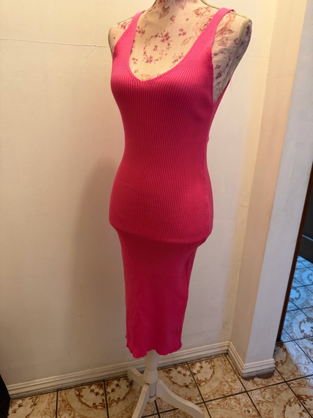Sleeveless Ribbed Midi Dress in Hot Pink